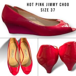 Jimmy Choo hot pink patent leather wedges size 37